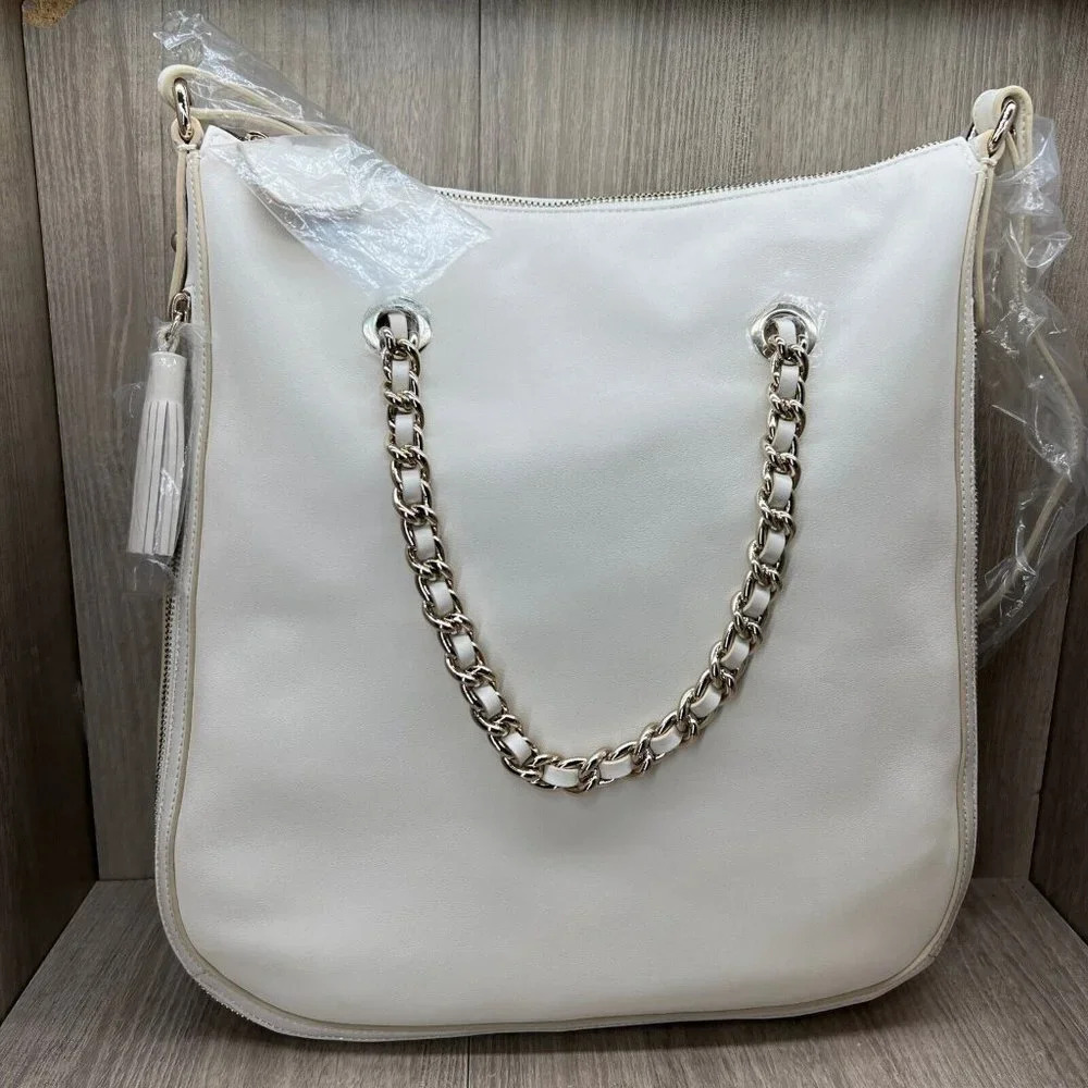 G.I.L.I Womens Handbag Leather Zip-Around Hobo Sling Crossbody Bag Ivory - Picture 4 of 10
